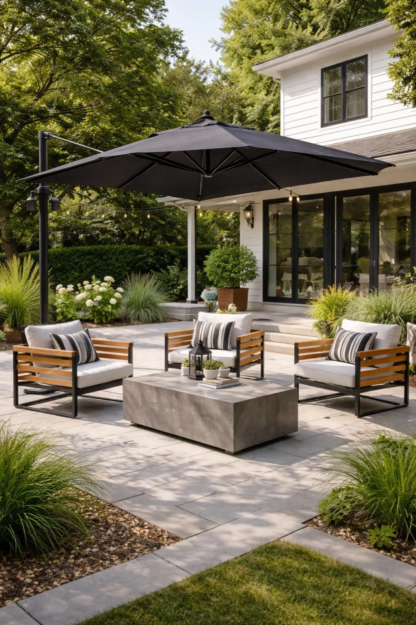 A realistic photo of an American home's backyard with a sleek industrial lounge area consisting of black steel frame chairs with golden teak wood slats, a polished concrete coffee table, and a large black cantilever umbrella providing shade over the seating.