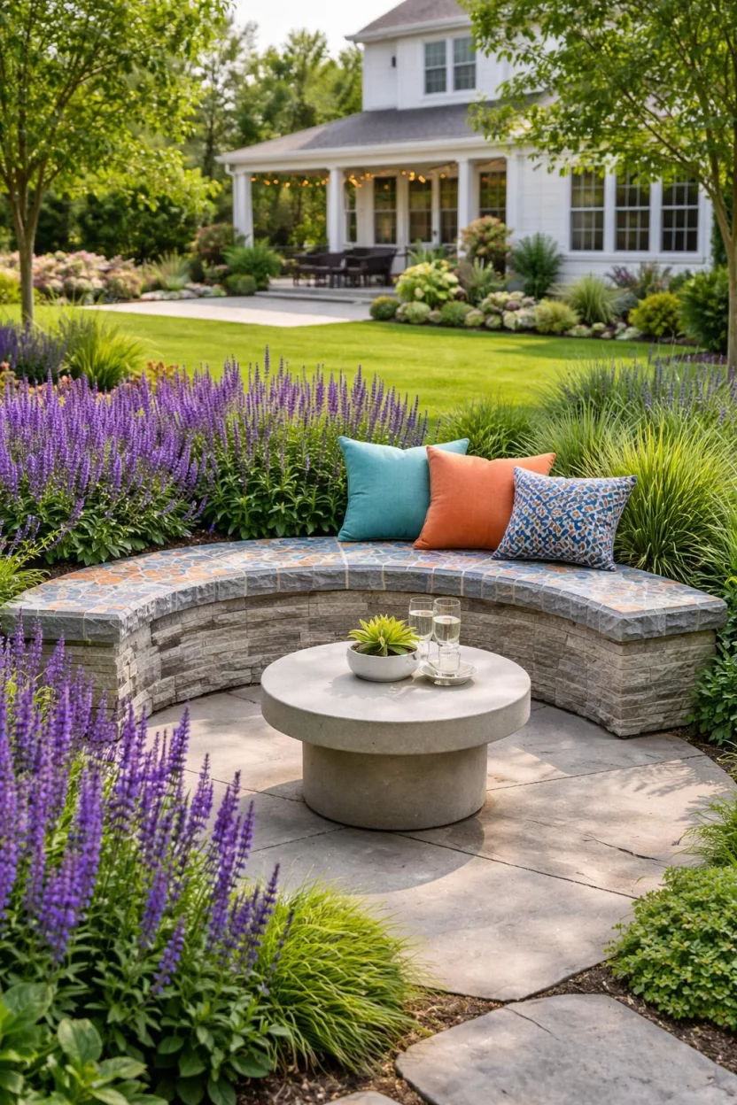 A realistic photo of an American home's backyard featuring a curved gray stone bench with a colorful blue and orange mosaic tile seat, surrounded by purple salvia plants and a small round concrete table.