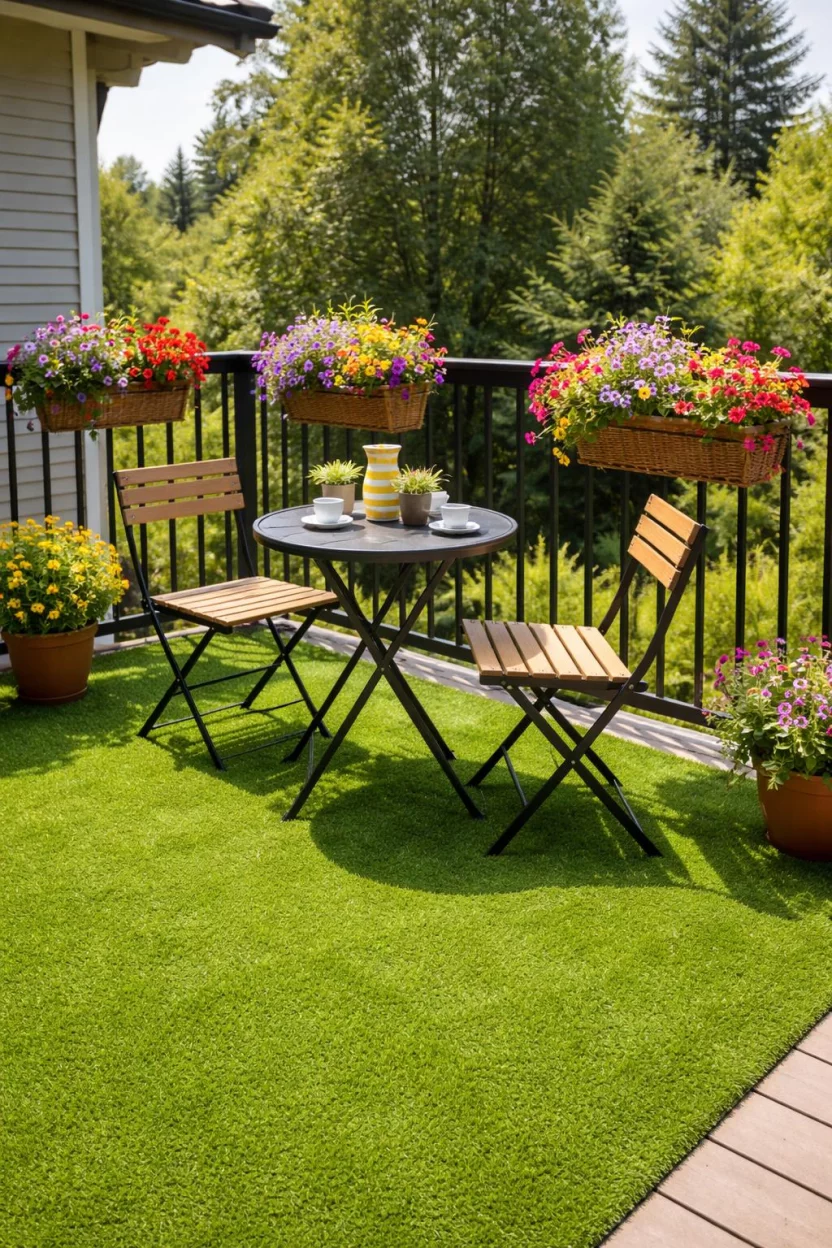 A realistic photo of an American home's backyard showing a lush green artificial grass rug on a balcony with a small bistro set and colorful flower boxes hanging from the railing.