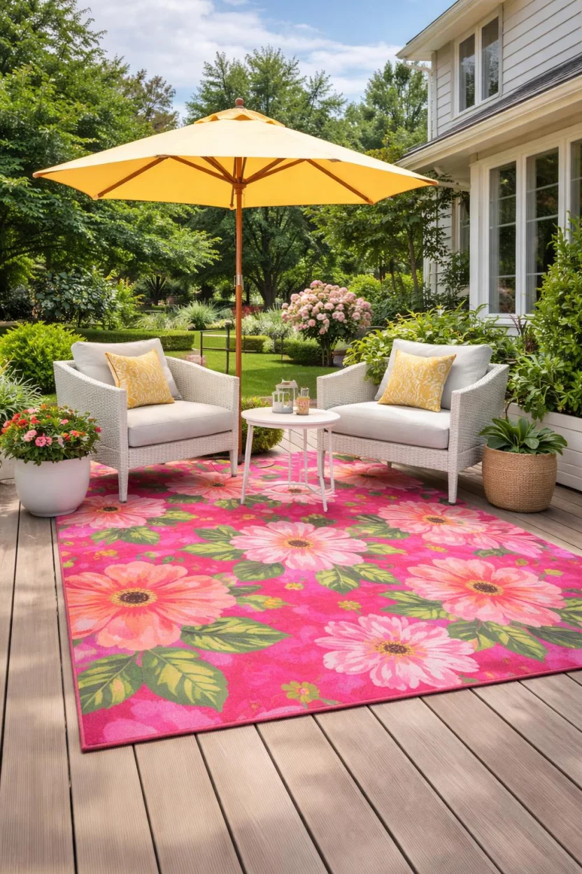 A realistic photo of an American home's backyard showcasing a bright pink floral rug on a light wood deck with white modern chairs and a yellow sun umbrella.