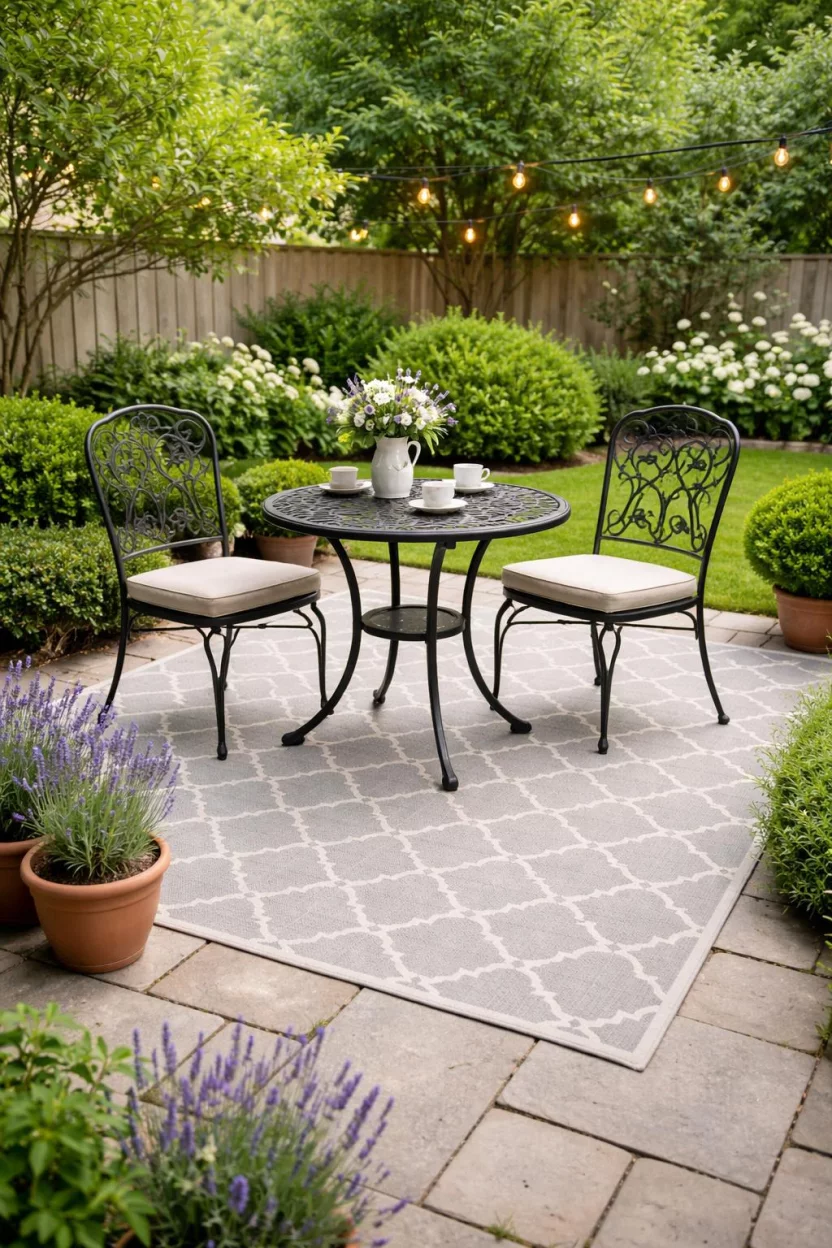 A realistic photo of an American home's backyard featuring a light gray Moroccan trellis rug under a wrought iron garden table set with lavender plants in terracotta pots nearby.