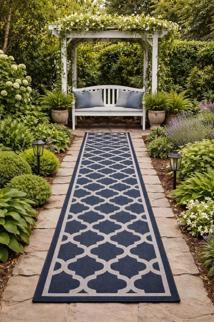 A realistic photo of an American home's backyard highlighting a long navy and gray geometric runner rug on a narrow stone path leading to a garden bench under a trellis.