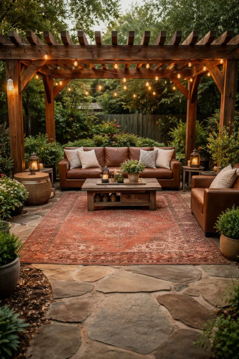 A realistic photo of an American home's backyard displaying a faded terracotta red distressed vintage rug on a flagstone path under a wooden pergola with hanging string lights and comfortable brown leather seating.