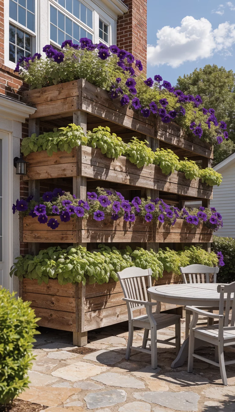 A realistic photo of an American home's patio featuring a tall tiered cedar wood planter wall filled with overflowing purple petunias and bright green herbs, located next to a light grey wooden outdoor dining table and chairs.