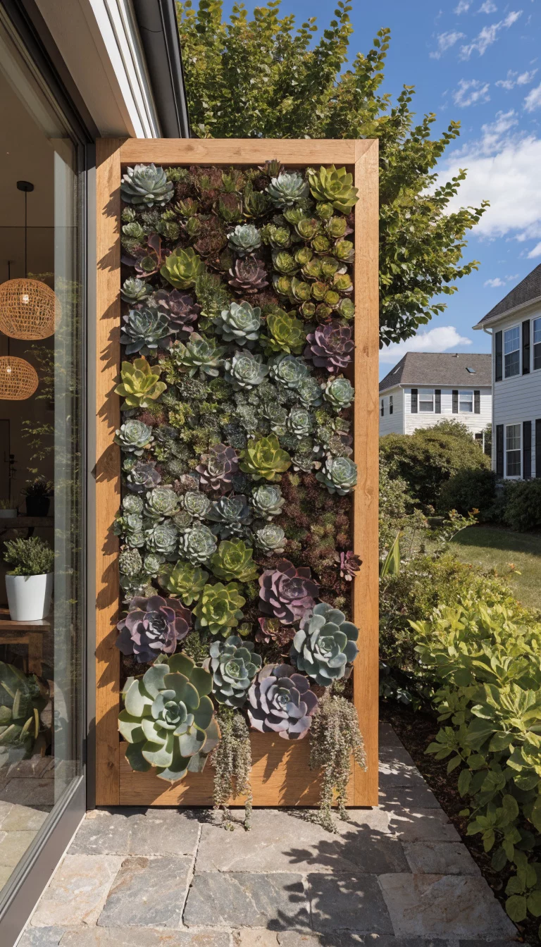 A realistic photo of an American home's patio showcasing a large vertical succulent wall with various shades of green and purple plants, mounted in a light oak frame next to a glass patio door.