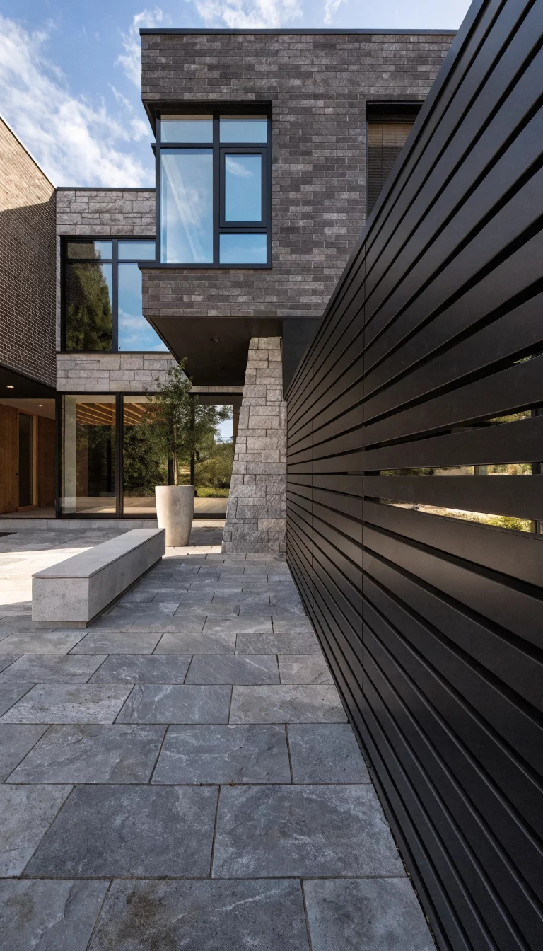 A realistic photo of an American home's patio showing a privacy wall made of horizontal black slatted steel panels, next to a light grey stone bench and a minimalist concrete planter with a small tree.