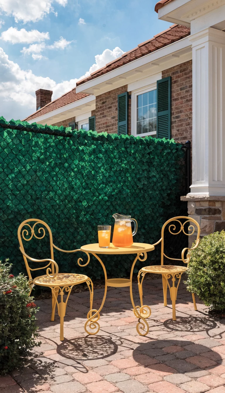 A realistic photo of an American home's patio displaying a dense green faux ivy privacy fence roll attached to a black chain link fence, with a small bistro set featuring a yellow metal table and two chairs.