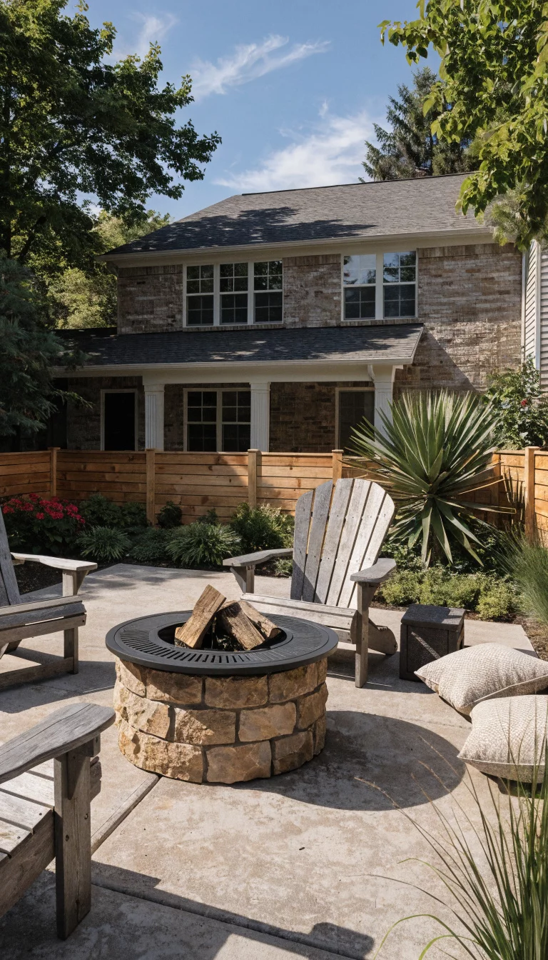 A realistic photo of an American home's patio showcasing a modern horizontal slat wood fence made of warm stained pine, surrounding a concrete patio with a fire pit table and grey Adirondack chairs.