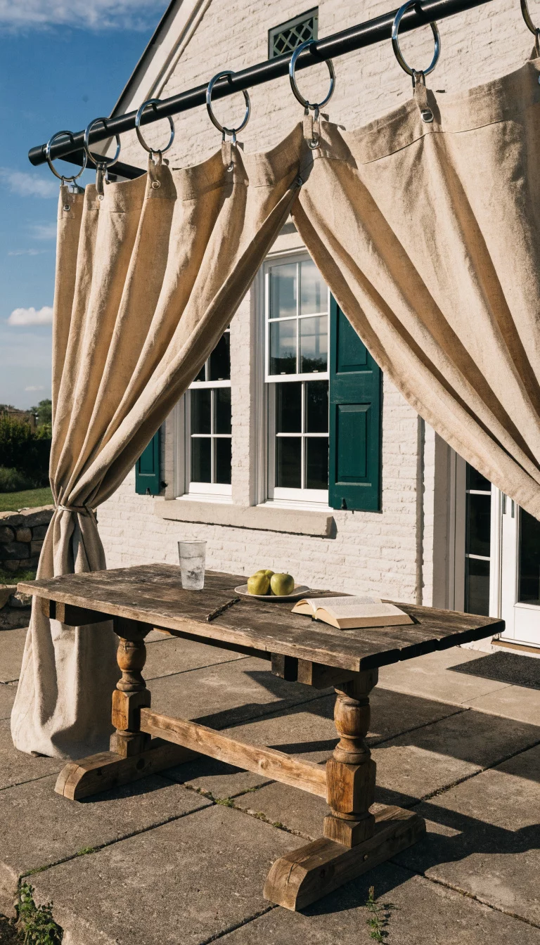 A realistic photo of an American home's patio using beige heavy weight canvas drop cloths as industrial curtains, hung with large silver rings on a black pipe rod, surrounding a rustic wooden picnic table.