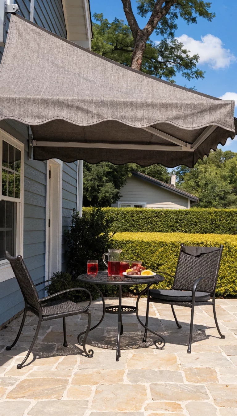 A realistic photo of an American home's patio showing a retractable grey fabric side awning extended from a house wall, providing privacy for a small dining area with a round black metal table.
