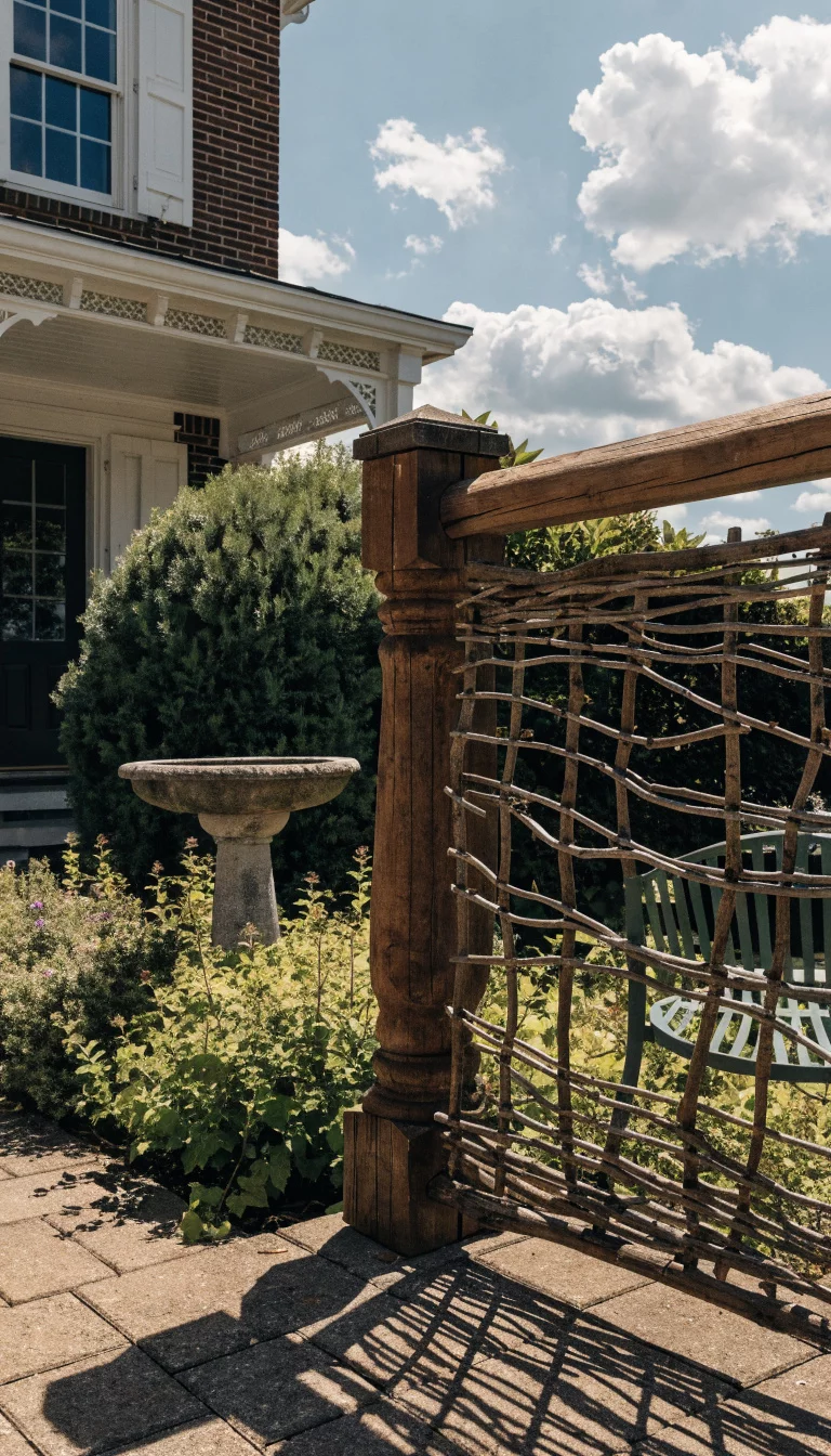 A realistic photo of an American home's patio featuring a dark brown natural willow branch fence panel attached to a wooden railing, overlooking a small garden with a stone birdbath and a green metal chair.