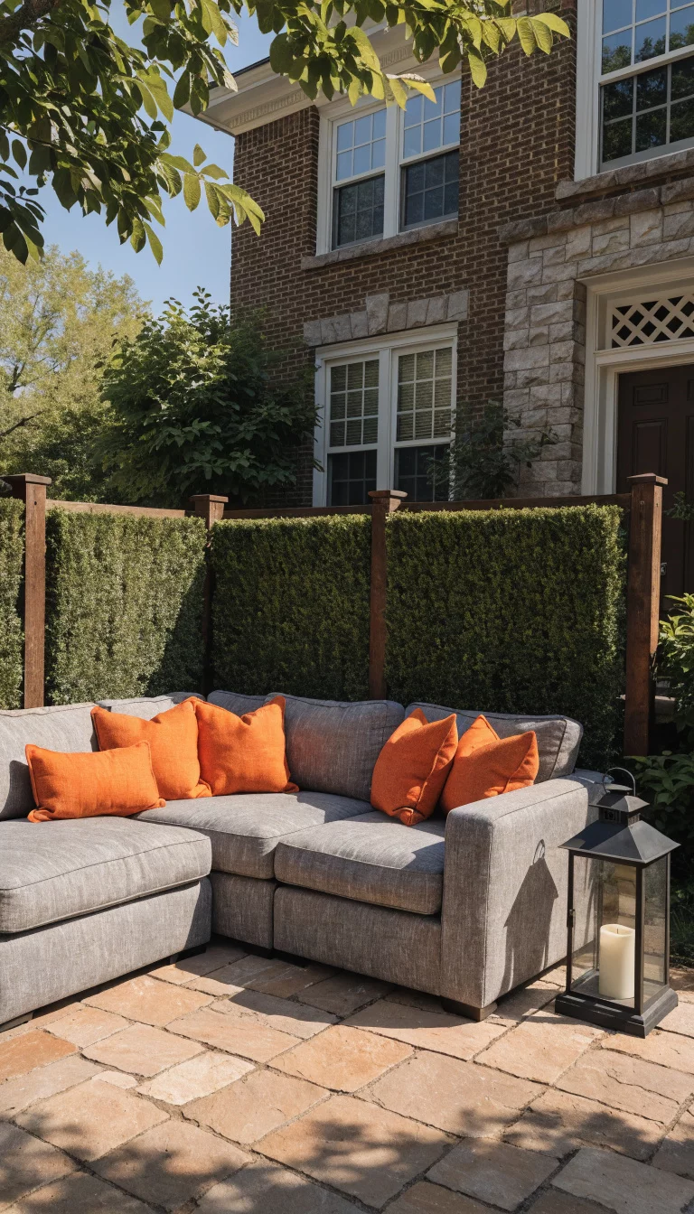 A realistic photo of an American home's patio featuring bright green boxwood hedge panels mounted onto a dark wood frame, standing behind a modern grey outdoor sofa with orange accent pillows.