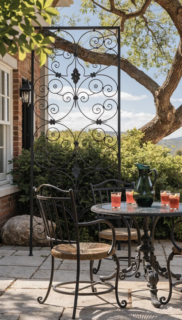 A realistic photo of an American home's patio featuring a tall black iron privacy screen with an intricate scrollwork design, standing on a light grey stone patio next to a black wrought iron dining set.