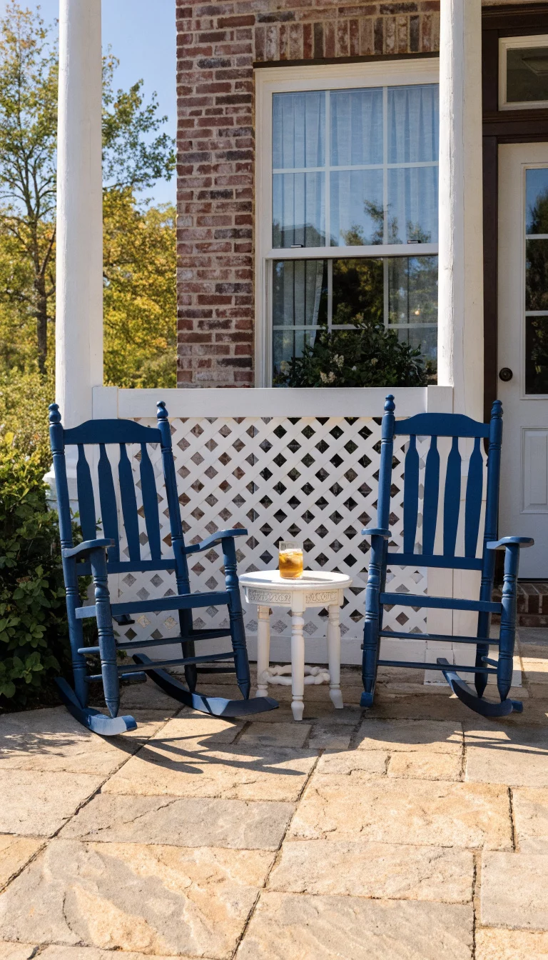 A realistic photo of an American home's patio featuring a white PVC privacy lattice panel installed between two white porch posts, with a pair of navy blue rocking chairs and a small white side table.