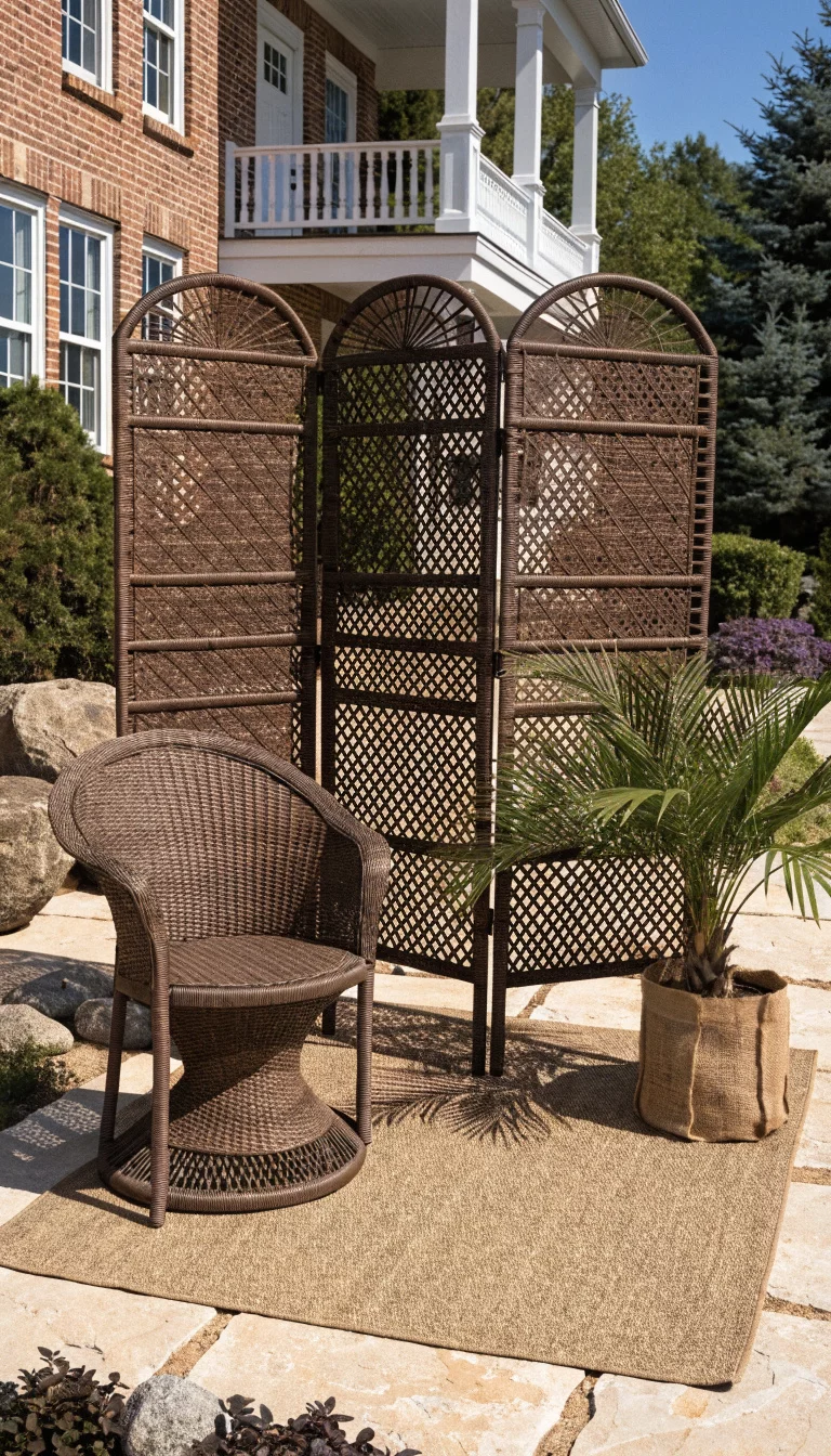 A realistic photo of an American home's patio featuring a chocolate brown woven resin wicker room divider placed on a tan outdoor rug, next to a matching wicker armchair and a potted palm tree.