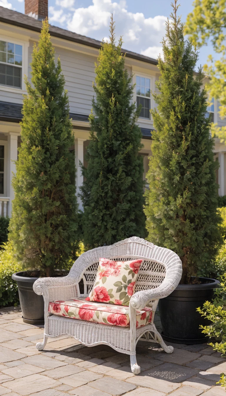 A realistic photo of an American home's patio with four tall green arborvitae trees in large black plastic pots, lined up to form a thick green wall behind a white wicker loveseat with floral cushions.