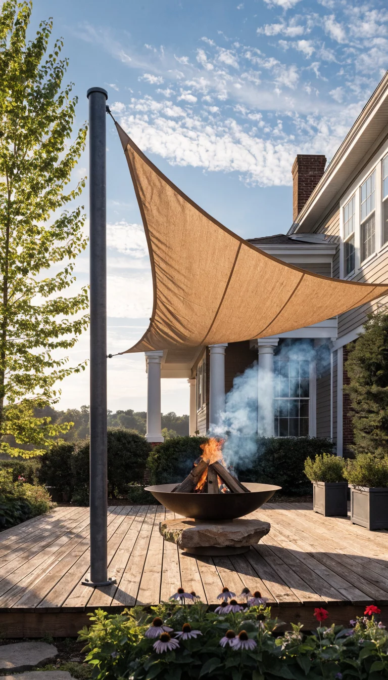 A realistic photo of an American home's patio showing a triangular sand colored fabric sail shade stretched over a deck, attached to metal poles and the house, with a modern fire pit below.
