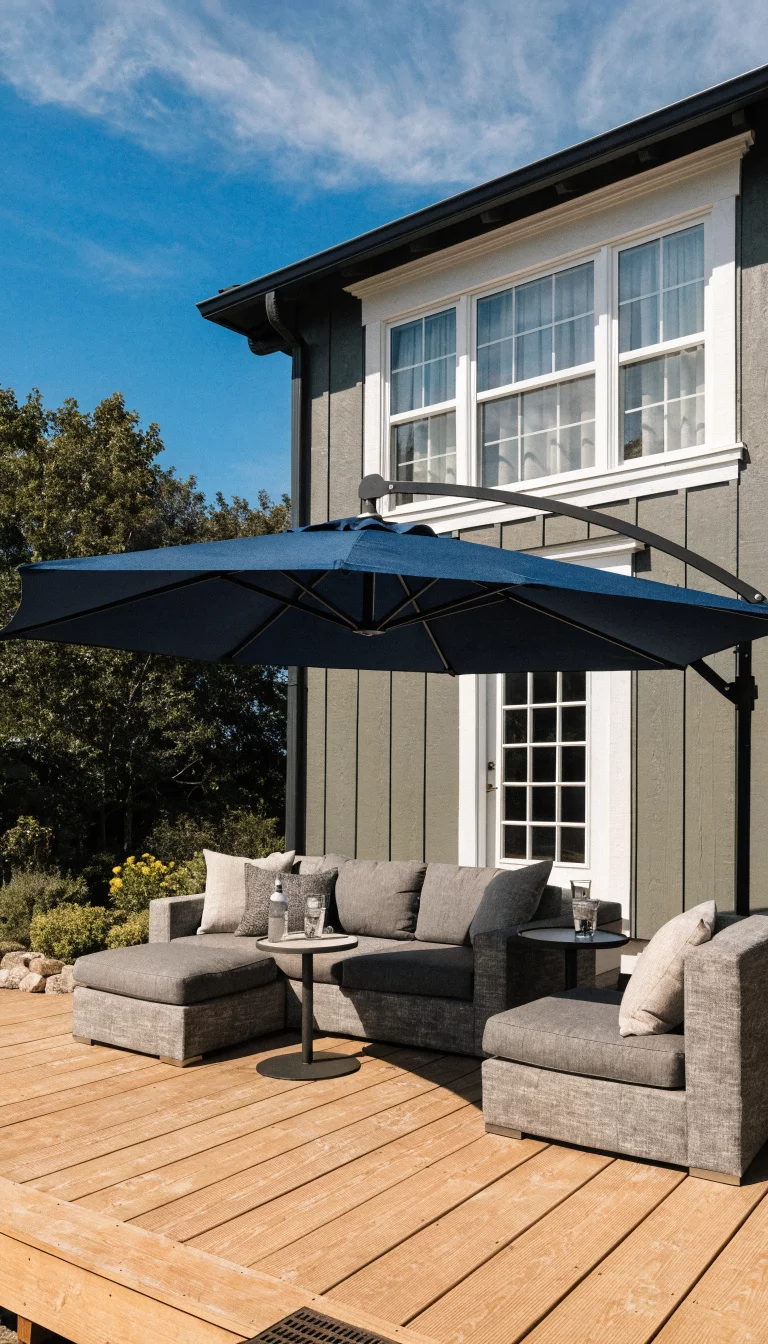 A realistic photo of an American home's patio featuring a large navy blue cantilever umbrella shading a grey sectional sofa, positioned to block the view from an overlooking second story window, on a tan deck.