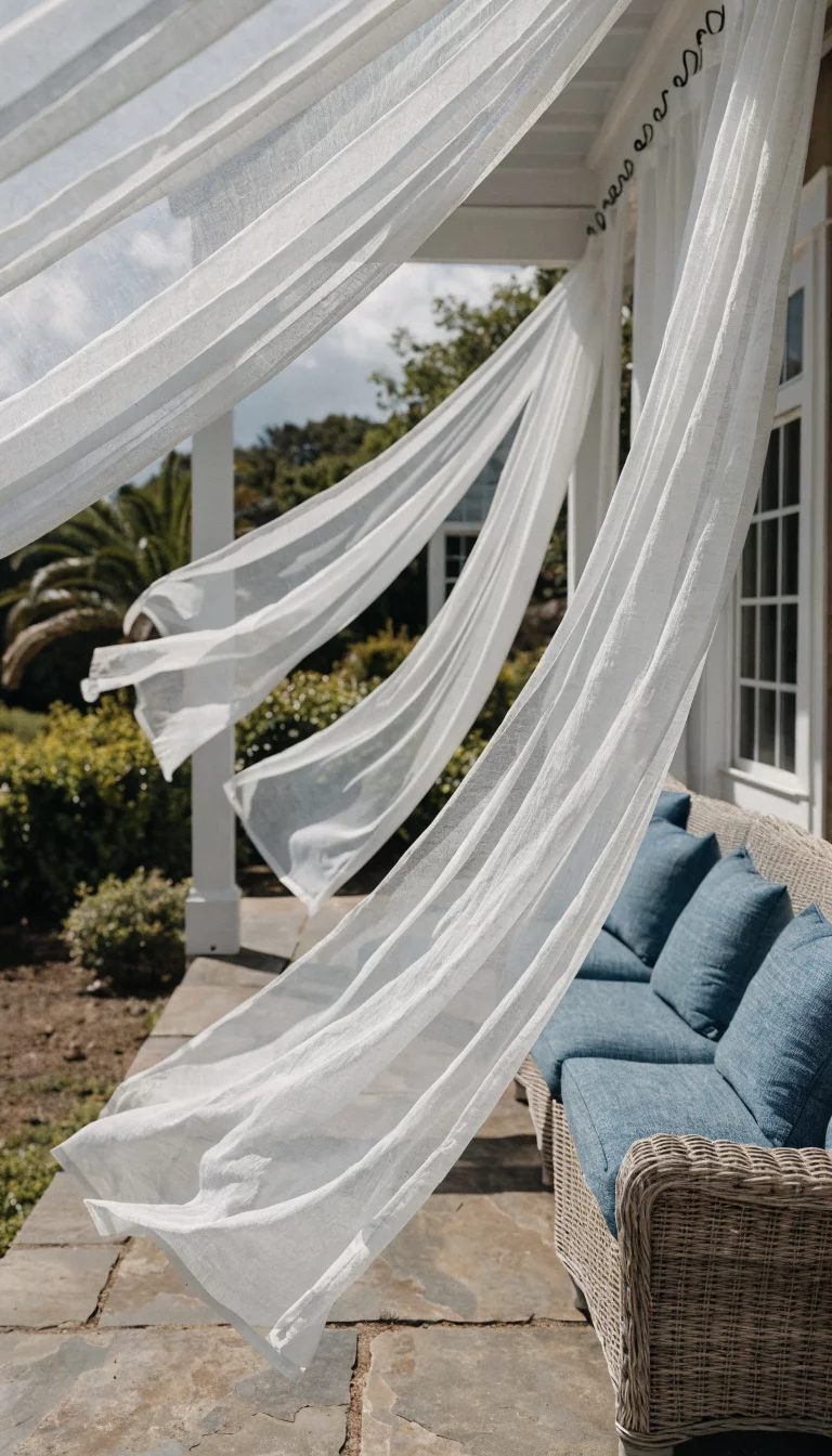 A realistic photo of an American home's patio with long flowing sheer white outdoor curtains blowing in the wind, attached to a white wooden porch frame with black iron hooks, and a wicker sofa with blue pillows underneath.
