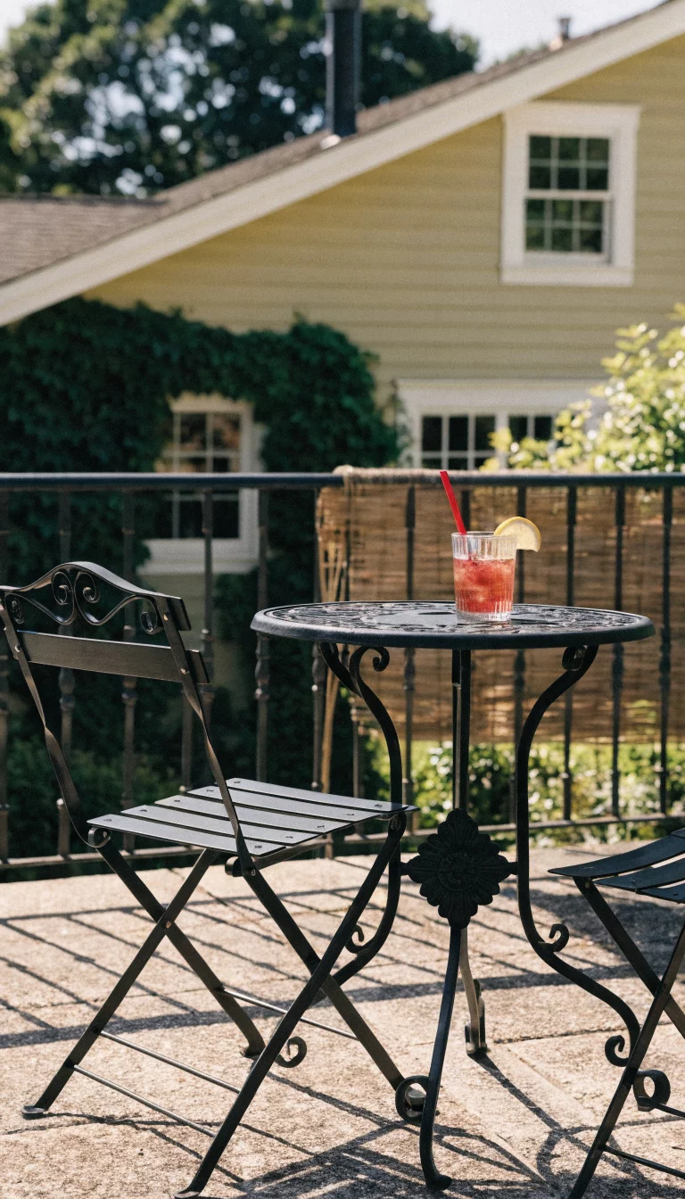 A realistic photo of an American home's patio featuring a light brown reed fencing roll attached to a balcony railing, with a small black metal bistro table and two folding chairs in the sun.