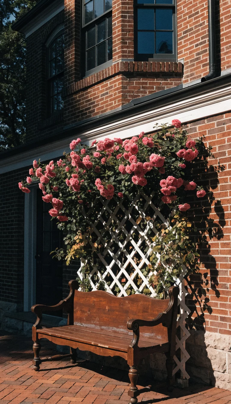 A realistic photo of an American home's patio featuring a white wood lattice trellis leaning against a brick wall, covered in pink climbing roses, with a dark brown wooden bench sitting on a red brick floor below.