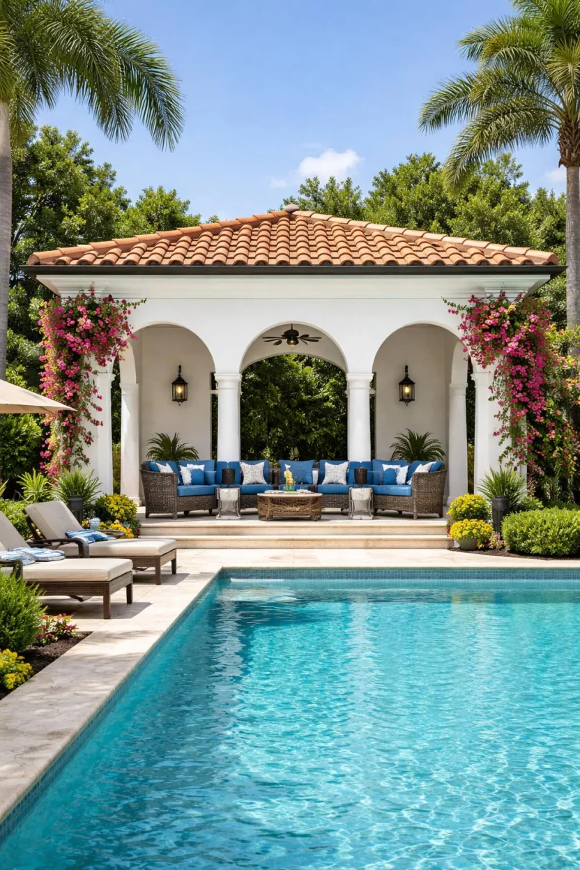 A realistic photo of an American home's backyard pool featuring a bright white stucco pavilion with arched openings, a terracotta tile roof, vibrant blue cushioned seating, and climbing bougainvillea flowers draped over the side columns.