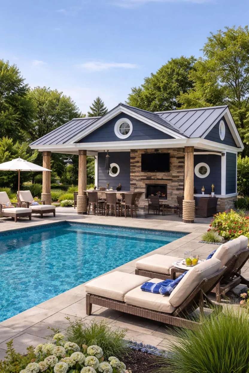 A realistic photo of an American home's backyard pool with a pavilion featuring navy blue siding, white porthole style windows, a metal roof, and rope details wrapped around the wooden support posts.