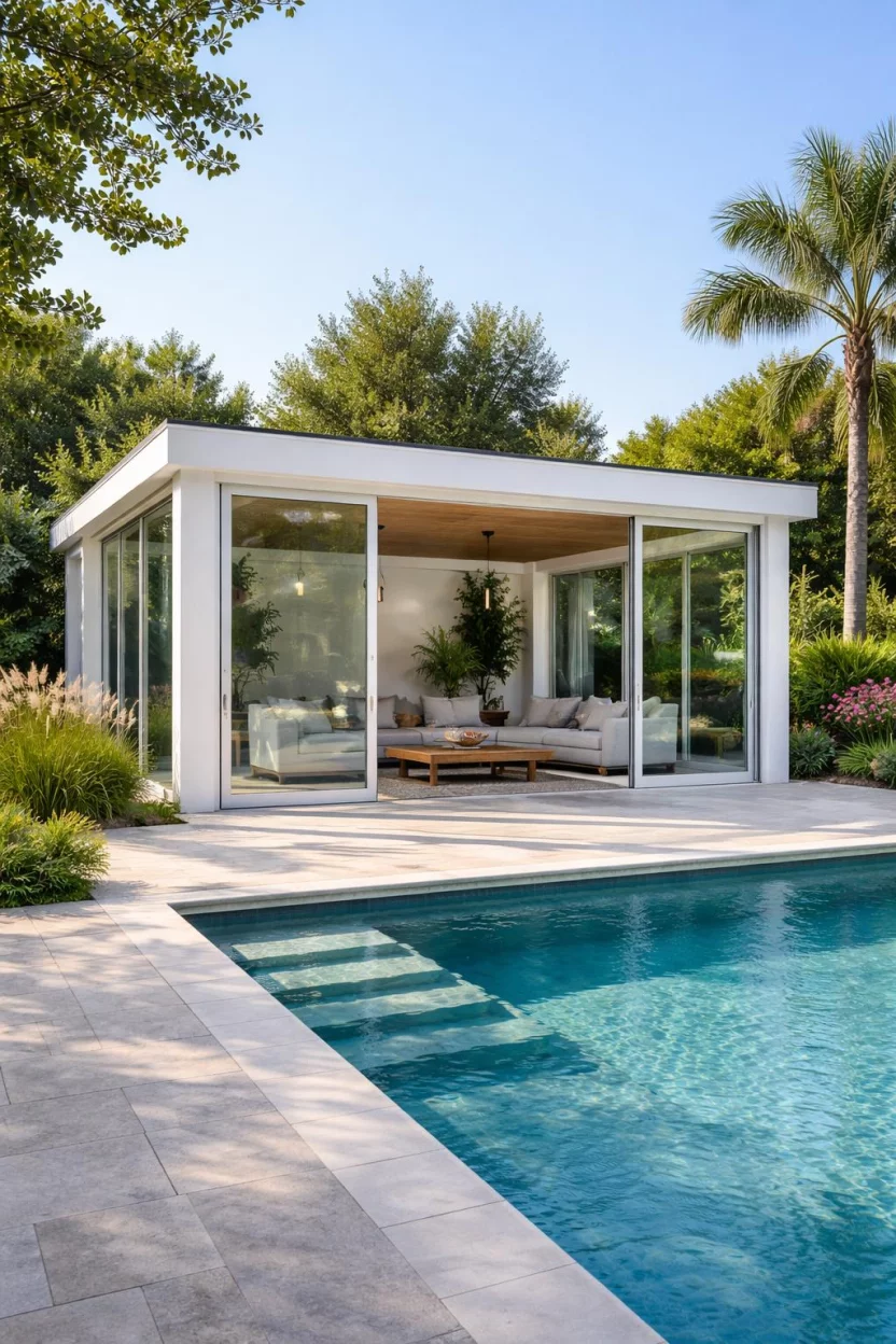 A realistic photo of an American home's backyard pool showing a pavilion with floor to ceiling glass sliding doors, a thin white aluminum frame, plush modern sofas inside, and a seamless transition to the surrounding stone pool deck.