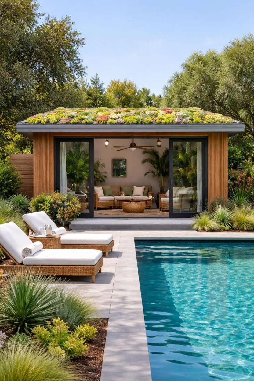 A realistic photo of an American home's backyard pool featuring a pavilion with a flat roof covered in living succulent plants, natural cedar walls, large open windows, and sustainable bamboo furniture inside.