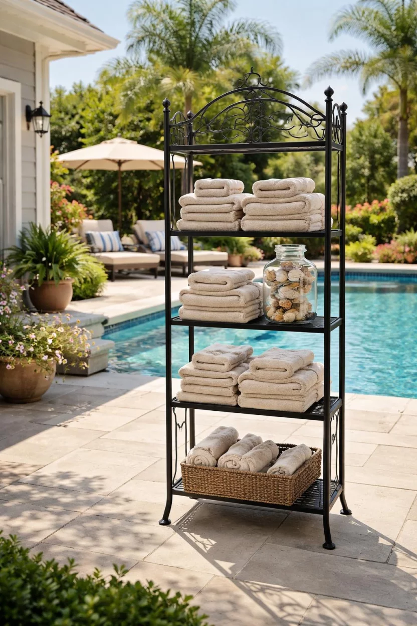 A realistic photo of an American home's backyard pool area with a black wrought iron tall etagere shelf unit standing on a patio, holding several stacks of beige towels and a glass jar of seashells.