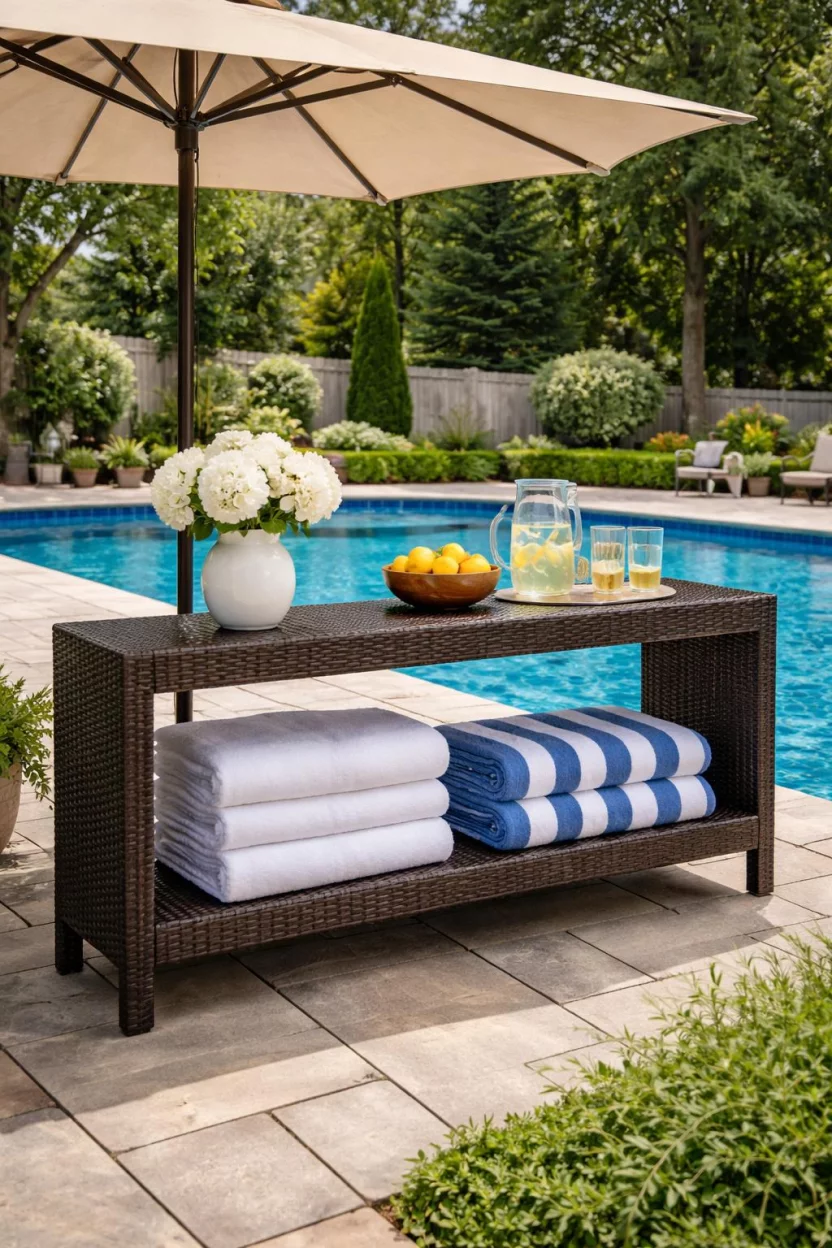 A realistic photo of an American home's backyard pool area featuring a long dark brown wicker console table positioned under a patio umbrella, with the lower shelf stacked with neatly folded white and blue towels.