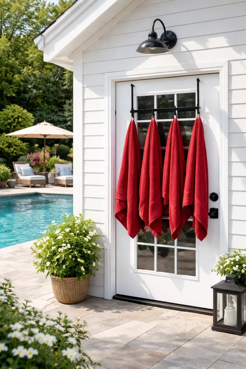 A realistic photo of an American home's backyard pool deck showing a white pool house door with a black metal over the door rack holding four damp red towels hanging neatly.