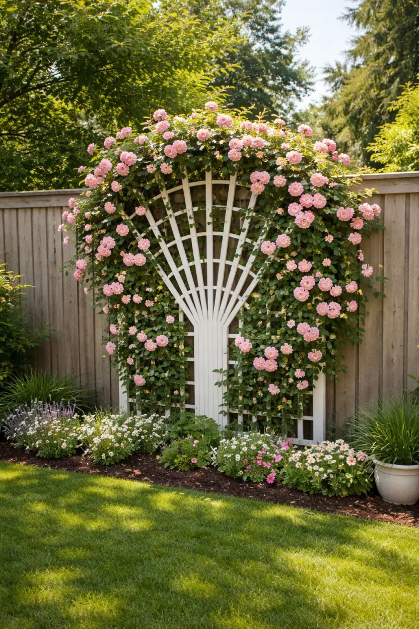 A realistic photo of an American home's backyard displaying a tall white wooden fan trellis attached to a fence, covered in blooming pink climbing roses and dark green leaves under a bright afternoon sun.