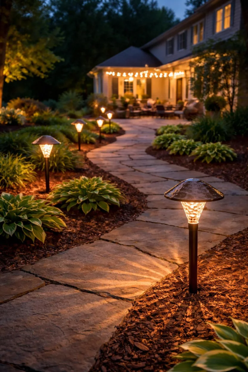 A realistic photo of an American home's backyard showing a row of hammered copper solar path lights illuminating a winding stone walkway at dusk, throwing starburst light patterns onto the surrounding mulch and small green hosta plants.