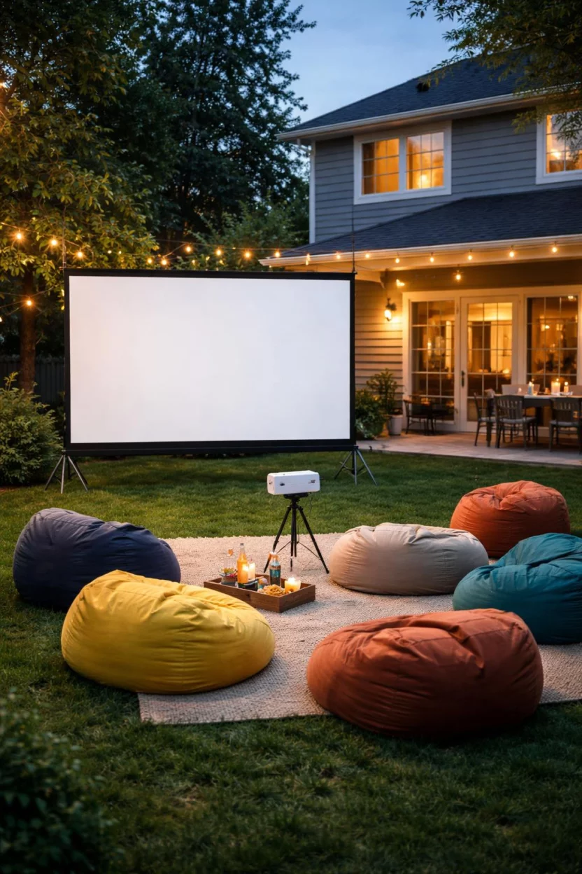 A realistic photo of an American home's backyard featuring a large white portable movie screen standing on a green lawn at dusk, with several colorful bean bag chairs and a small projector on a stand ready for a night of cinema.