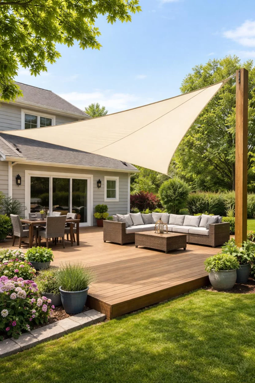 A realistic photo of an American home's backyard featuring a large cream colored triangular canvas sun sail stretched tightly over a wooden deck, secured with stainless steel hardware to the house corners and a sturdy wooden post.