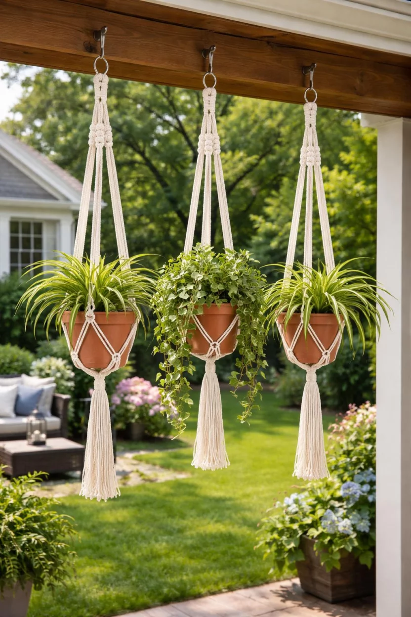 A realistic photo of an American home's backyard featuring three white cotton macrame plant hangers suspended from a wooden porch beam, each holding a terracotta pot with a trailing green spider plant or ivy.