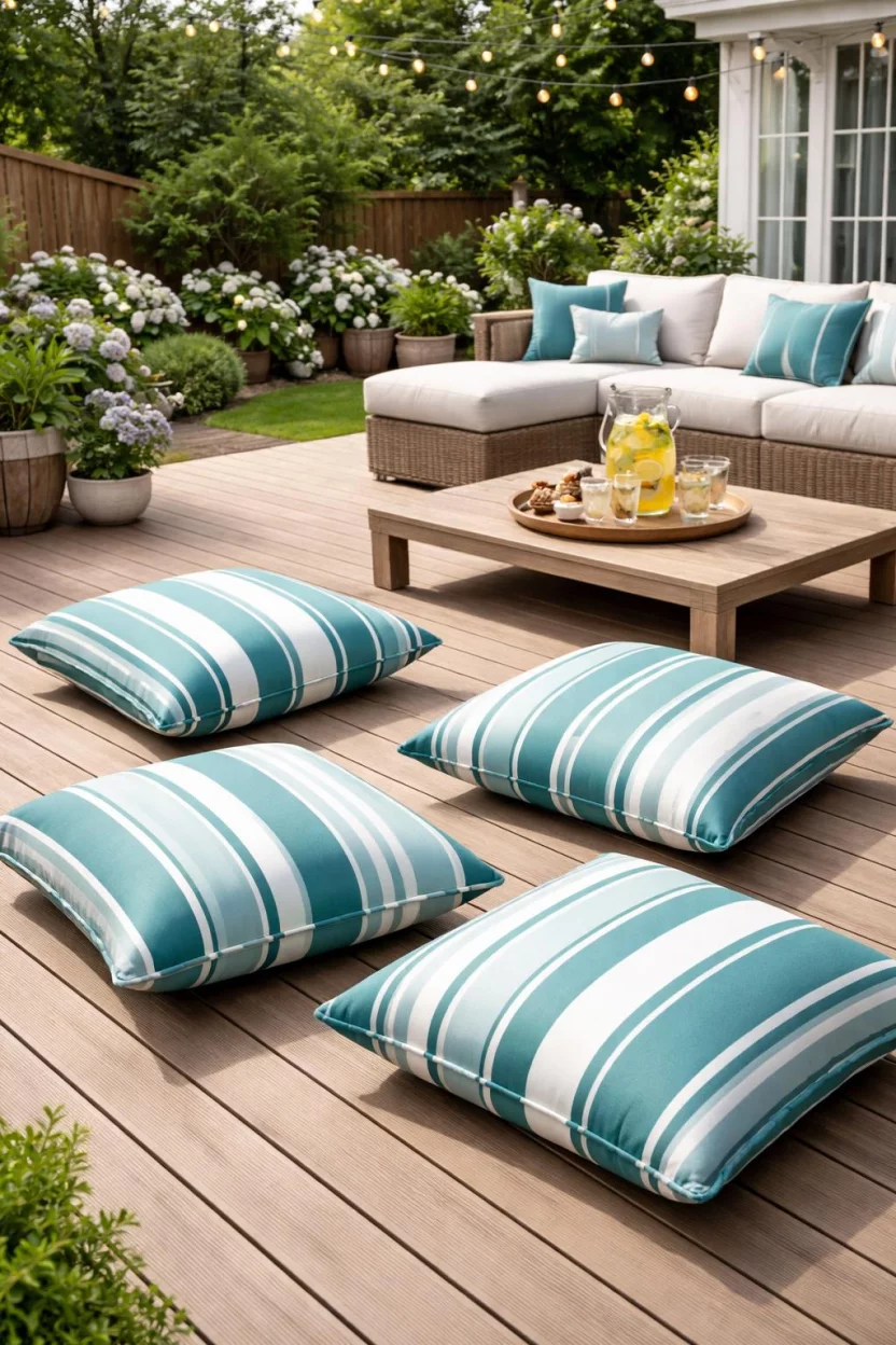 A realistic photo of an American home's backyard showing four large square outdoor floor pillows in striped teal and white colors, arranged on a clean wooden deck next to a low coffee table and a tray of drinks.