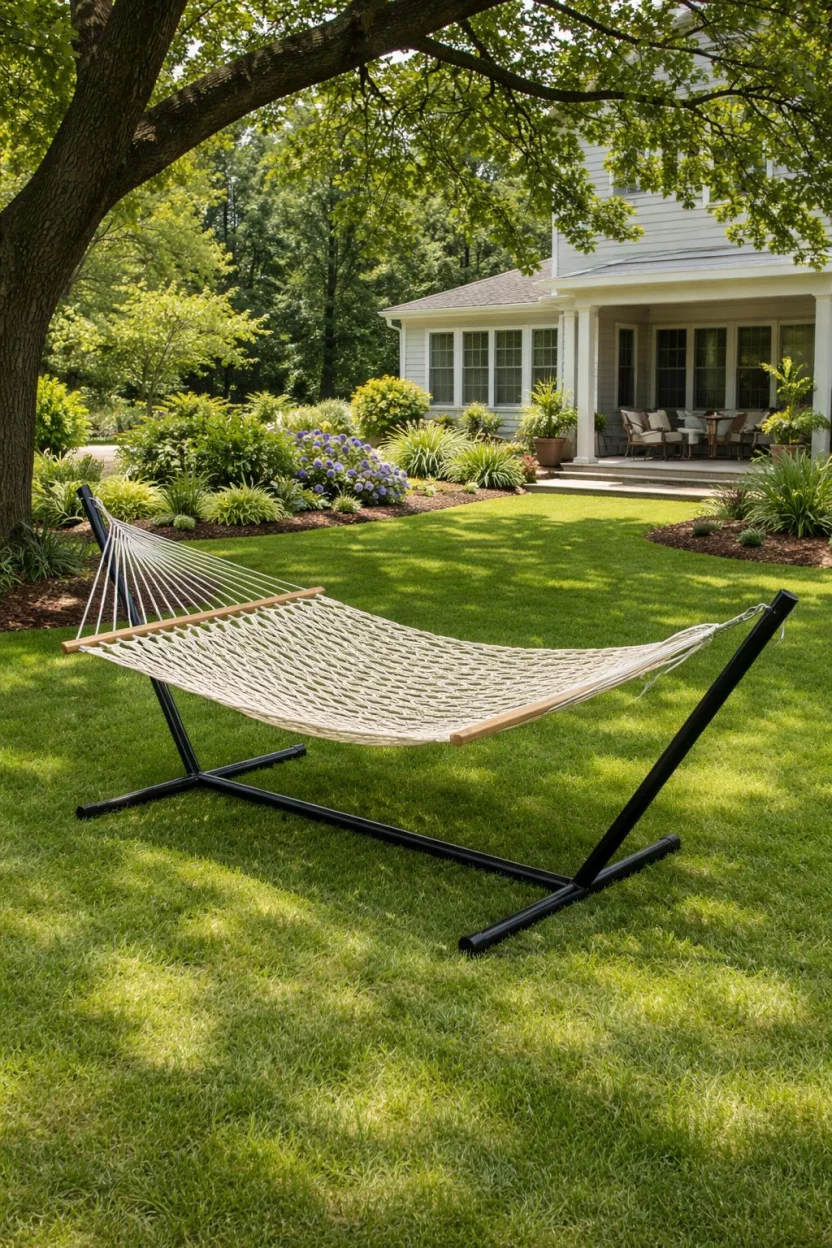 A realistic photo of an American home's backyard displaying a cream colored cotton rope hammock hanging on a black heavy duty steel stand, placed on a patch of lush green lawn under the shade of a large oak tree.