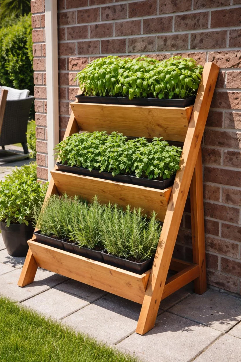 A realistic photo of an American home's backyard featuring a three tiered cedar wood vertical planter leaning against a brick wall, overflowing with bright green basil, mint, and rosemary plants in dark plastic liners under bright natural sunlight.