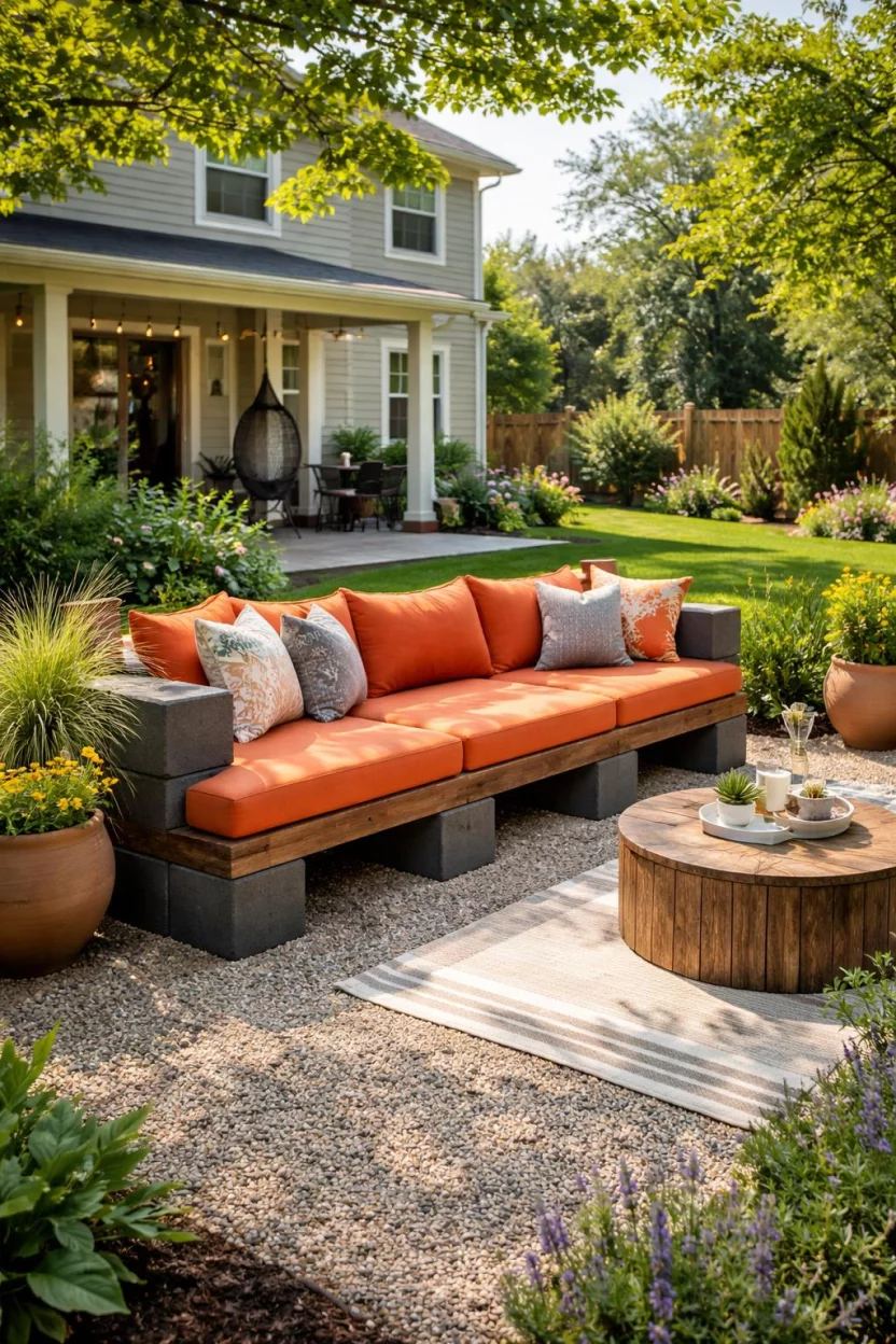 A realistic photo of an American home's backyard featuring a DIY bench made of dark gray painted cinder blocks and long wooden beams, topped with thick orange outdoor cushions and sitting on a gravel patio.