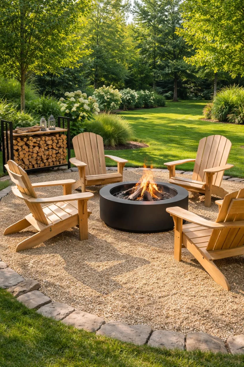 A realistic photo of an American home's backyard highlighting a circular black matte steel fire pit sitting on a bed of tan gravel, surrounded by four classic wooden Adirondack chairs and a neat stack of split firewood nearby under the afternoon sun.