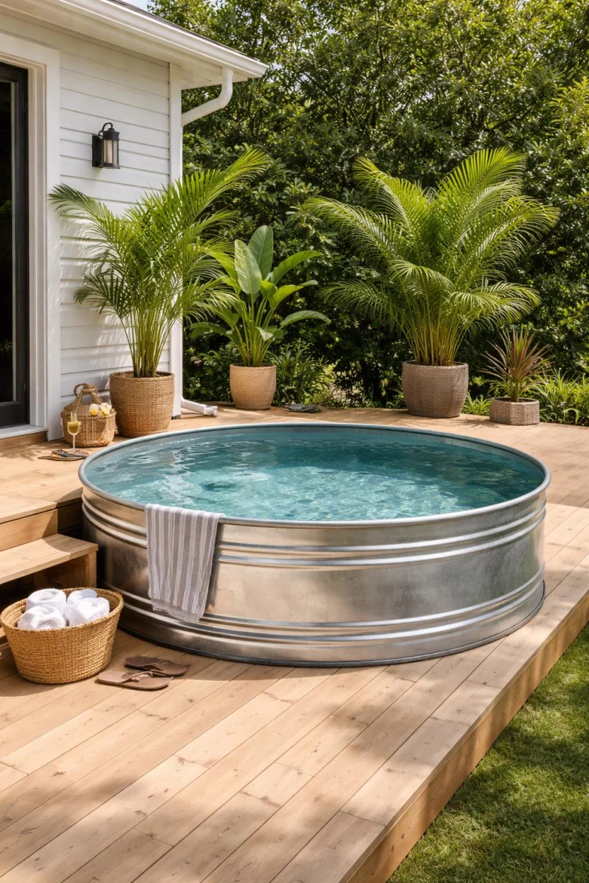 A realistic photo of an American home's backyard highlighting a large silver galvanized steel stock tank converted into a soaking pool, surrounded by a light wood deck and a few potted tropical palm plants in the background.