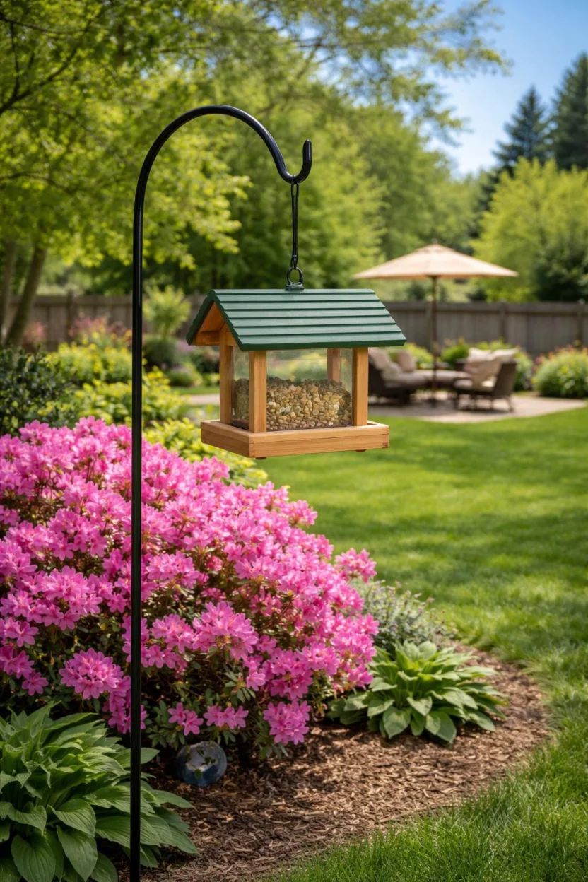 A realistic photo of an American home's backyard highlighting a black wrought iron shepherd hook holding a cedar wood bird feeder with a green roof, positioned near a blooming pink azalea bush under a clear sky.