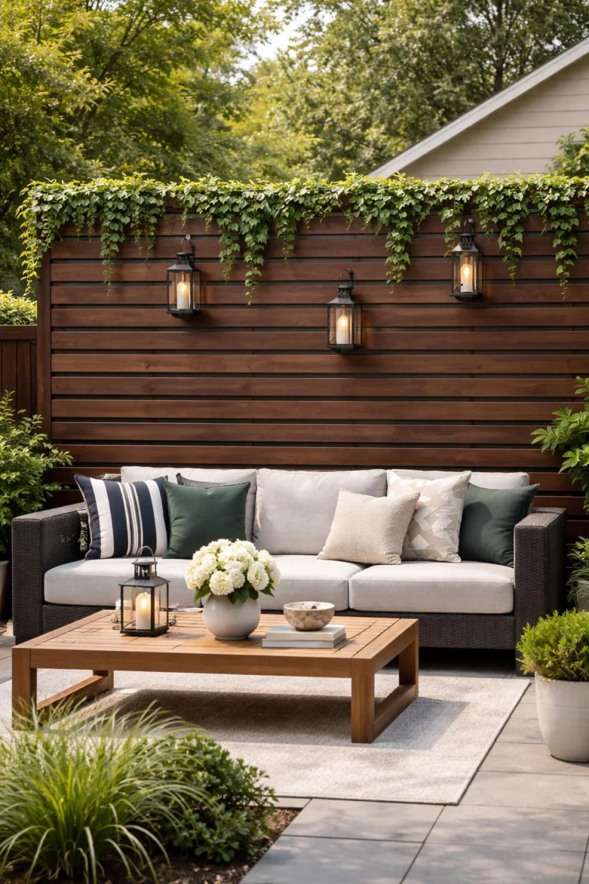 A realistic photo of an American home's backyard displaying a dark walnut stained horizontal slat wood privacy screen standing behind a modern outdoor sofa, decorated with hanging black metal lanterns and green ivy vines trailing over the top edge.