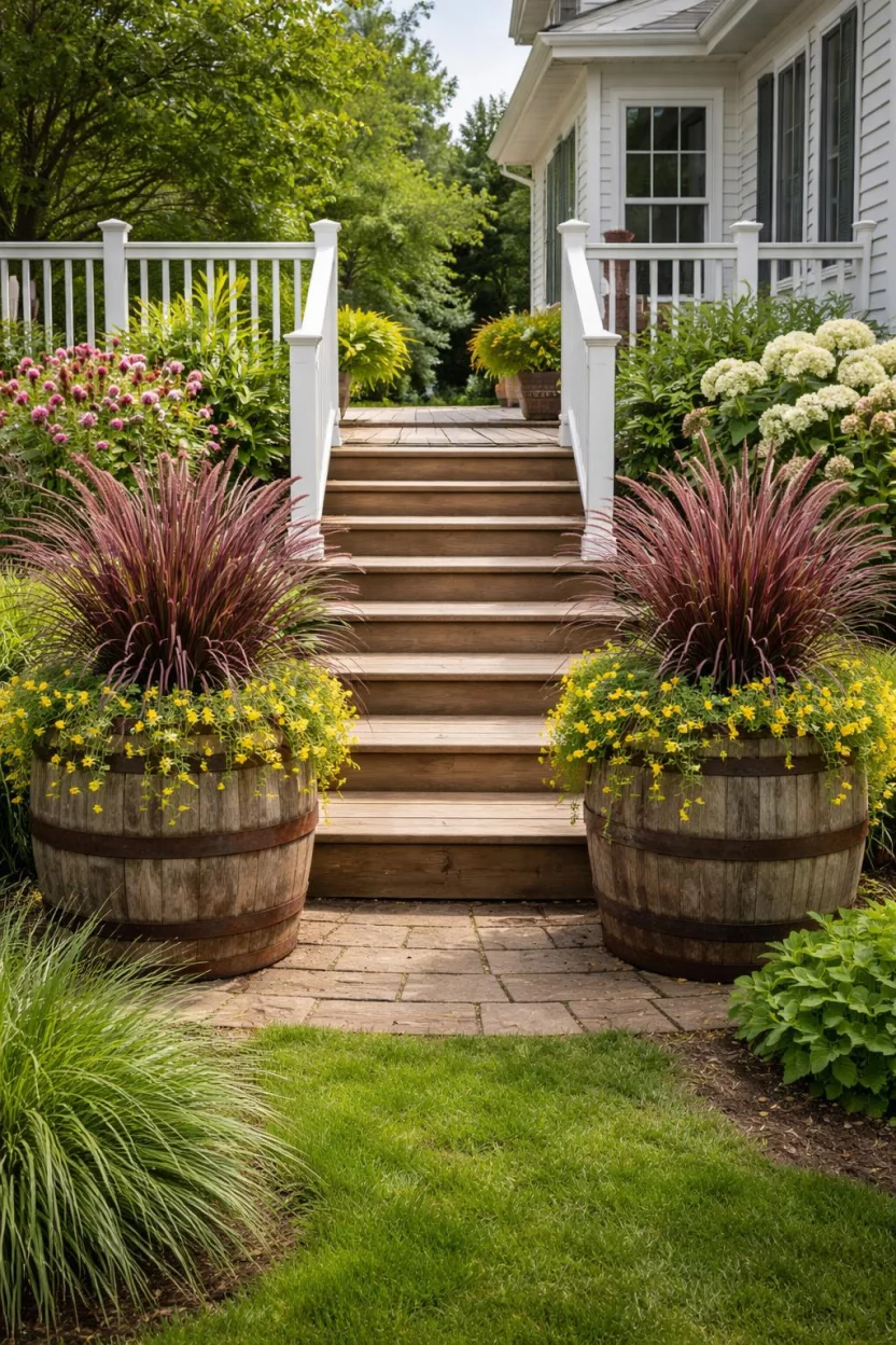 A realistic photo of an American home's backyard showing two large oak whiskey barrel planters with rusted iron bands, containing tall purple fountain grass and trailing yellow flowers, flanking a set of wooden garden stairs.