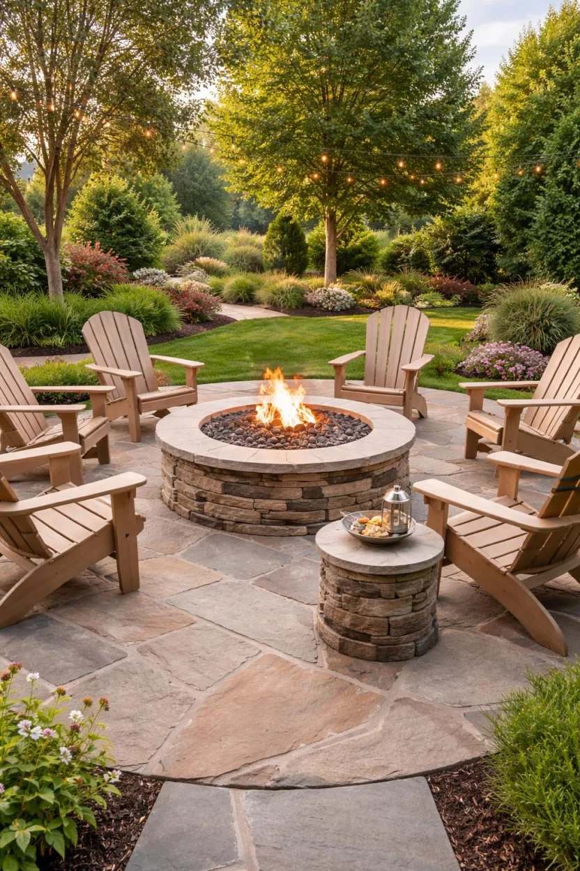 A realistic photo of an American home's backyard with a circular fire pit integrated into a large flagstone patio, surrounded by comfortable tan Adirondack chairs and a small stone side table.