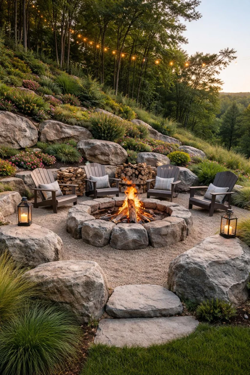 A realistic photo of an American home's backyard featuring a large fire area ringed by massive grey natural boulders, nestled into a sloped hillside with a view of some distant trees.