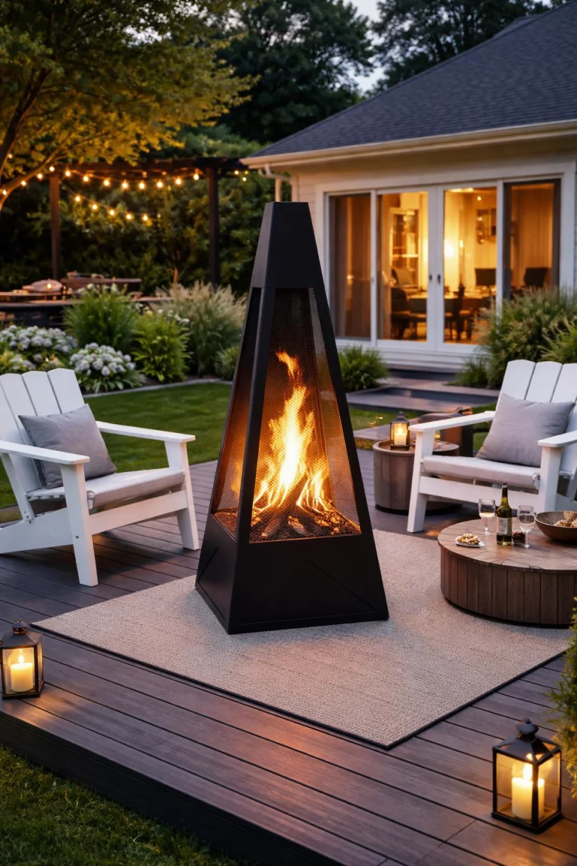 A realistic photo of an American home's backyard with a tall black geometric steel pyramid fire pit, throwing light across a dark grey wood deck with white modern chairs.