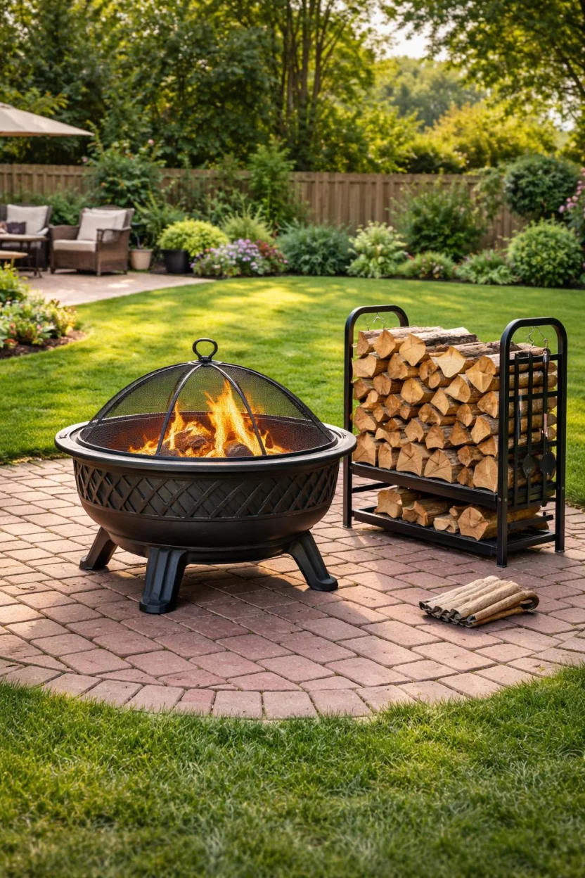 A realistic photo of an American home's backyard featuring a heavy black cast iron fire pit with a mesh screen lid, sitting on a patch of red brick pavers with a wood rack nearby.